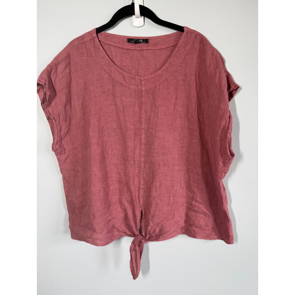 Charlie B Womens Linen Top XL Rose Tie Front Lagenlook Coastal Relaxed Earthy